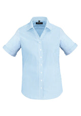 Vermont Ladies Short Sleeve Shirt in Alaskan Blue, featuring a striped pattern and soft stretch cotton blend for style and comfort.