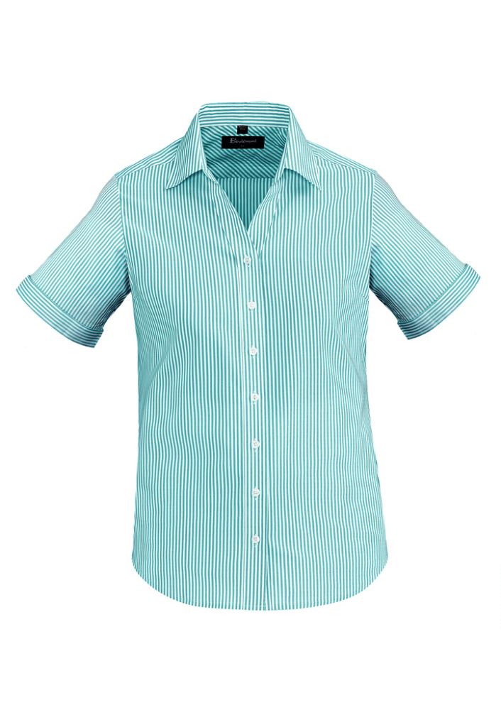 Vermont Ladies Short Sleeve Shirt in Dynasty Green, featuring a semi-fitted design, open neck, and stylish wide stripes.