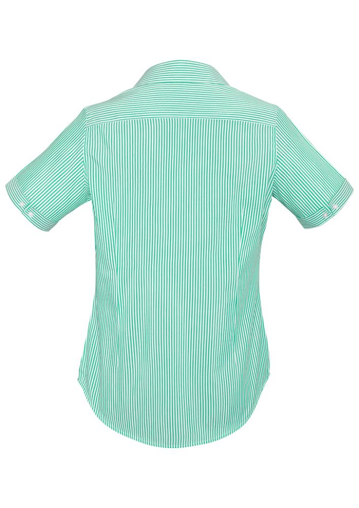 Vermont Ladies Short Sleeve Shirt in Dynasty Green, featuring soft cotton blend, wide stripes, and unique sleeve cuffs for versatile styling.