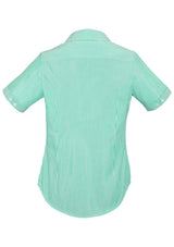 Vermont Ladies Short Sleeve Shirt in Dynasty Green, featuring a yarn-dyed stripe, soft stretch fabric, and semi-fitted design.