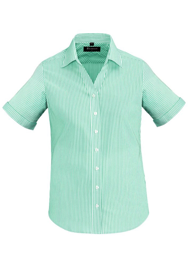 Stylish Dynasty Green short sleeve shirt, featuring wide stripes, mechanical stretch, and a flattering semi-fitted design.