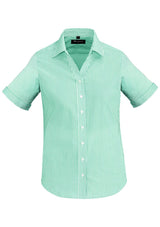 Vermont Ladies Short Sleeve Shirt in Dynasty Green featuring soft stretch fabric, wide stripe design, and reverse trim cuff.