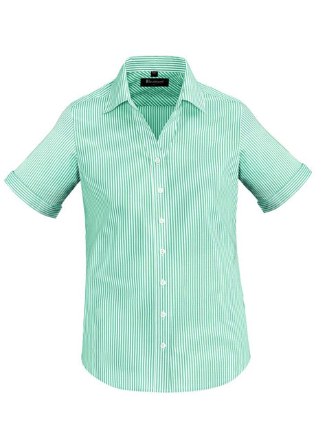 Vermont Ladies Short Sleeve Shirt in Dynasty Green featuring soft stretch fabric, wide stripe design, and reverse trim cuff.
