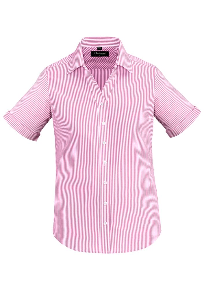 Vibrant melon short sleeve shirt with semi-fitted style, wide stripes, and soft stretch fabric for casual or professional looks.