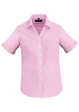 Vibrant melon short sleeve shirt with semi-fitted style, wide stripes, and soft stretch fabric for casual or professional looks.