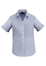 Patriot Blue semi-fitted ladies' short sleeve shirt with yarn-dyed stripes and reverse trim sleeve cuffs, perfect for any occasion.