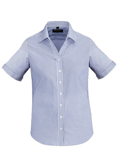 Vermont Ladies Short Sleeve Shirt in Patriot Blue, semi-fitted with yarn-dyed stripes, offers comfort for any occasion.