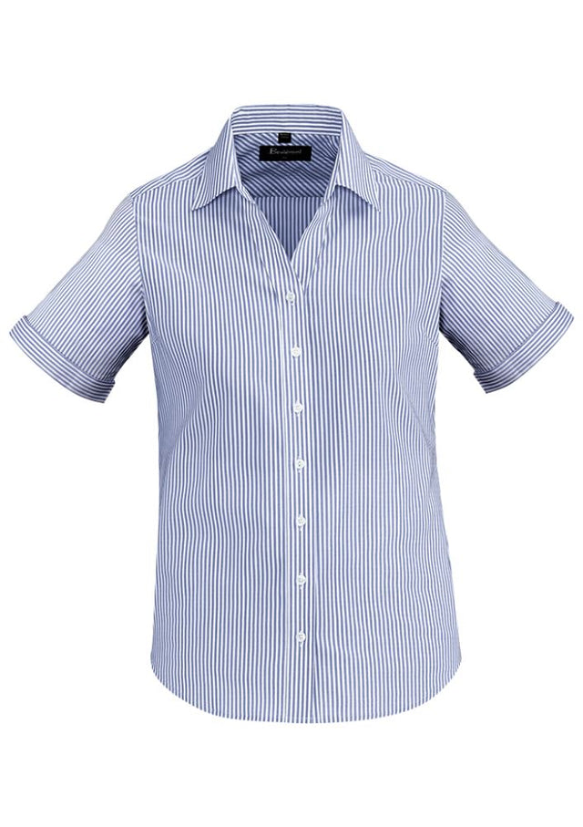Vermont Ladies Short Sleeve Shirt in Patriot Blue, semi-fitted with yarn-dyed stripes, offers comfort for any occasion.
