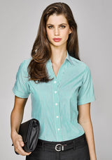Vermont Ladies Short Sleeve Shirt in Melon, featuring a semi-fitted style, wide stripes, and comfy cotton blend fabric.