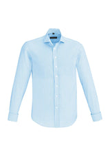 Vermont Mens Long Sleeve Shirt in Alaskan Blue, featuring soft stretch fabric, Euro-fit design, and stylish wide stripes.