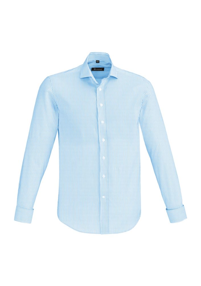 Vermont Men's Long Sleeve Shirt in Alaskan Blue with a stylish stripe, soft stretch fabric, and sophisticated spread collar.