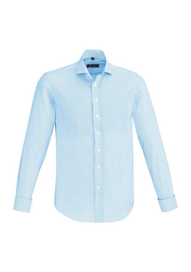Vermont Men's Long Sleeve Shirt in Alaskan Blue with a stylish stripe, soft stretch fabric, and sophisticated spread collar.