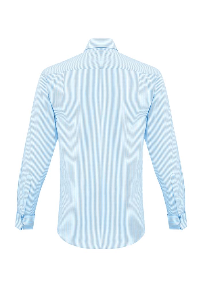 Alaskan Blue Vermont Men's Long Sleeve Shirt with Euro-fit, spread collar, and yarn-dyed stripes for versatile style.