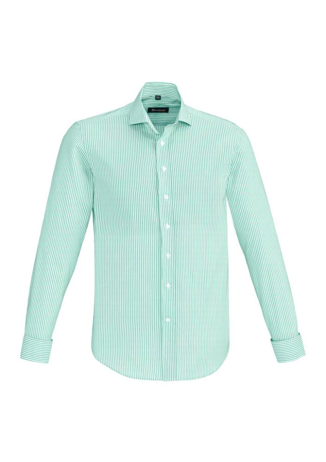 Vermont Men's Long Sleeve Shirt in Dynasty Green, featuring Euro-fit, stripe pattern, spread collar, and French cuffs, size XL.