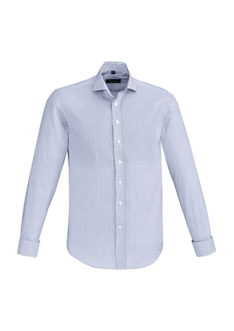 Vermont Men's Long Sleeve Shirt in Patriot Blue, 3XL, featuring a striped design, spread collar, and French cuffs for versatile style.