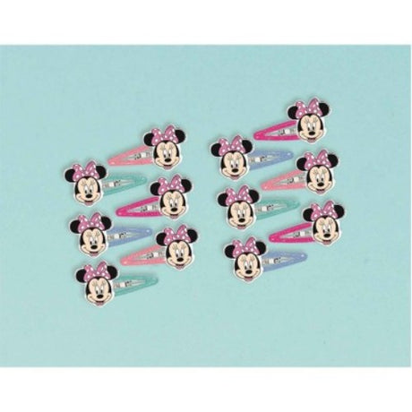 Colorful pack of 12 Minnie Mouse hair clips, perfect for kids to style hair with Disney charm and durability.