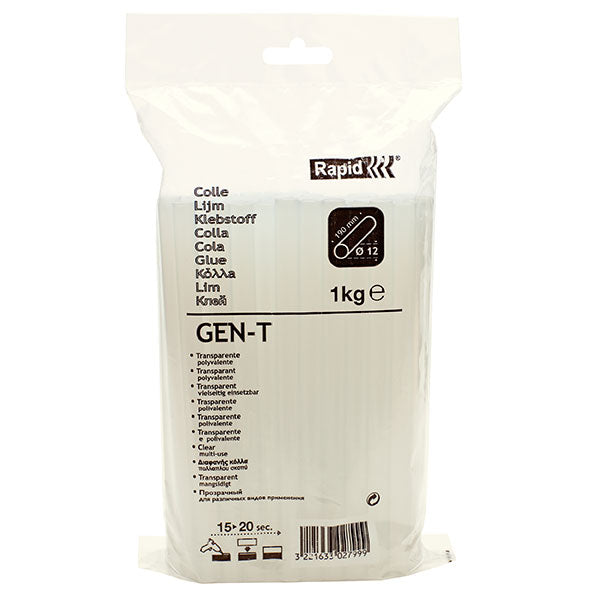 Rapid Glue Gun Sticks Gen-T 12mm 1kg pack, ideal for professional bonding of PVC, plastic, glass, and more; strong, clear finish.