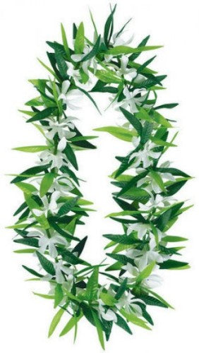 Vibrant Green Leaf W/Flowers Lei, 40 inches long, perfect for tropical parties, luaus, and special celebrations.