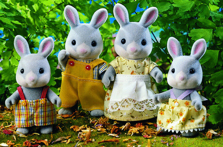 Cottontail Rabbit Family set from Sylvanian Families featuring Aaron, Sorrel, Gromwell, and Willow for imaginative play.