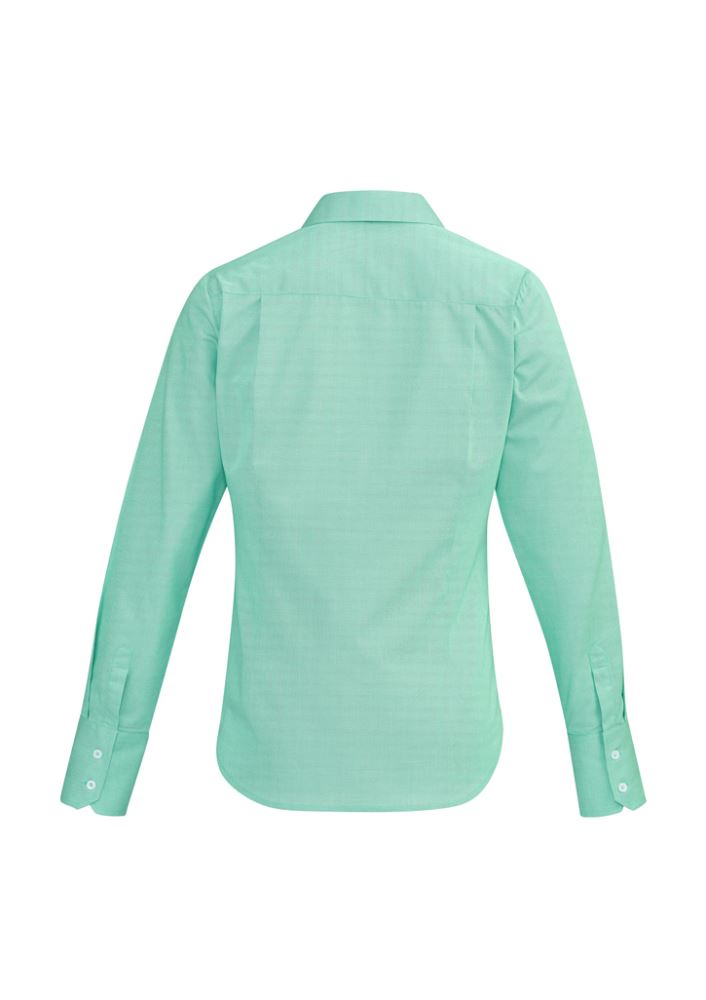 Hudson Ladies Long Sleeve Shirt in Dynasty Green, featuring a stylish open neck, cotton fabric, and trendy cuff fold-back.