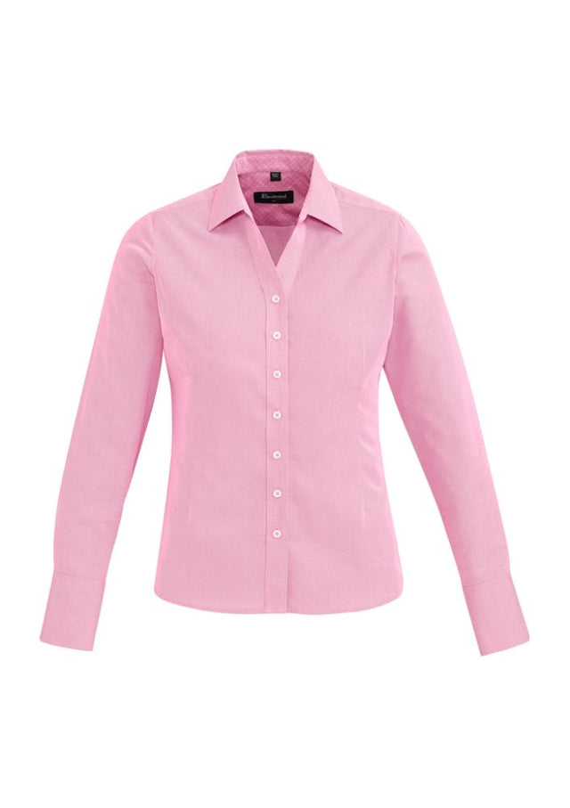 Hudson Ladies Long Sleeve Shirt in Melon, size 14, featuring breathable cotton, unique texture, and stylish cuff details.