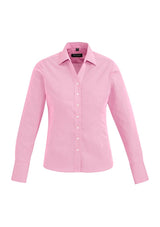 Hudson Ladies Long Sleeve Shirt in Melon, featuring 100% cotton, cuff fold-back, and stylish yarn-dyed texture, size 16.