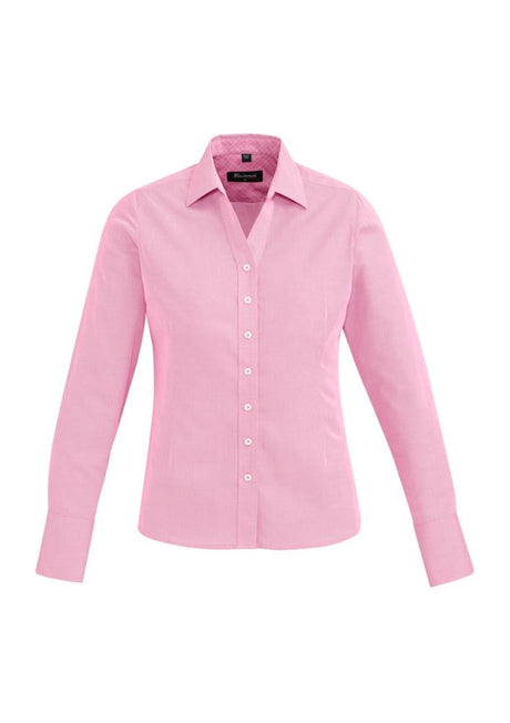 Hudson Ladies Long Sleeve Shirt in Melon, featuring 100% cotton, cuff fold-back, and stylish yarn-dyed texture, size 16.