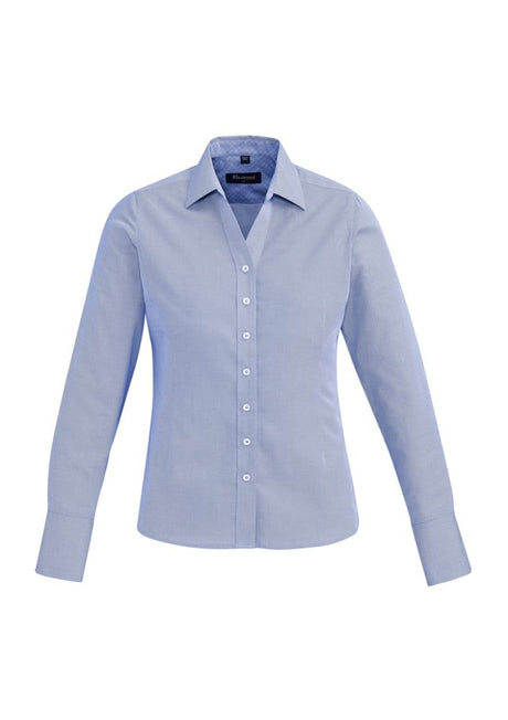 Patriot Blue Hudson Ladies Long Sleeve Shirt featuring cotton fabric, semi-fitted design, and stylish cuff detailing.