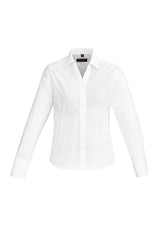 Hudson Ladies Long Sleeve Shirt in white, featuring an open neck design and 100% cotton for style and comfort. Size 14.