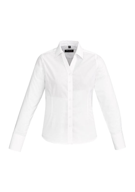 White Hudson Ladies Long Sleeve Shirt, size 18, featuring premium cotton, semi-fitted design, and stylish open neck.