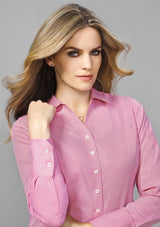 Hudson Ladies Long Sleeve Shirt in Melon, size 14, featuring breathable cotton, stylish cuffs, and comfortable fit for versatile wear.