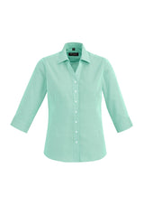 Hudson Ladies 3/4 Sleeve Shirt in Dynasty Green, featuring 100% cotton, stylish cuff fold-back, and semi-fitted design for comfort.