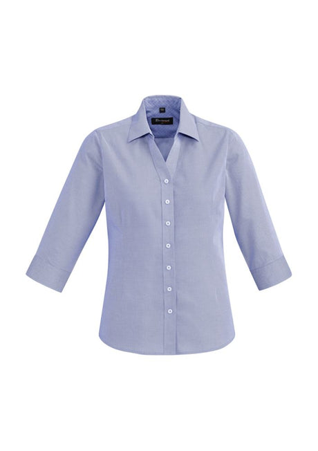 Hudson Ladies 3/4 Sleeve Shirt in Patriot Blue, featuring 100% cotton, cuff fold back, and stylish semi-fitted design.