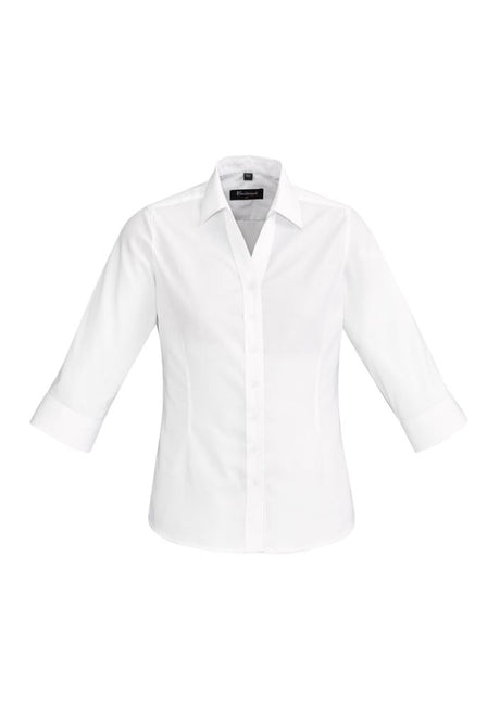 Hudson Ladies 3/4 Sleeve Shirt in White, crafted from 100% cotton, offers a stylish, semi-fitted design for versatile wear.