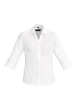 Hudson Ladies 3/4 Sleeve White Shirt from Biz Collection, featuring cotton fabric, open neck, and stylish cuff details.