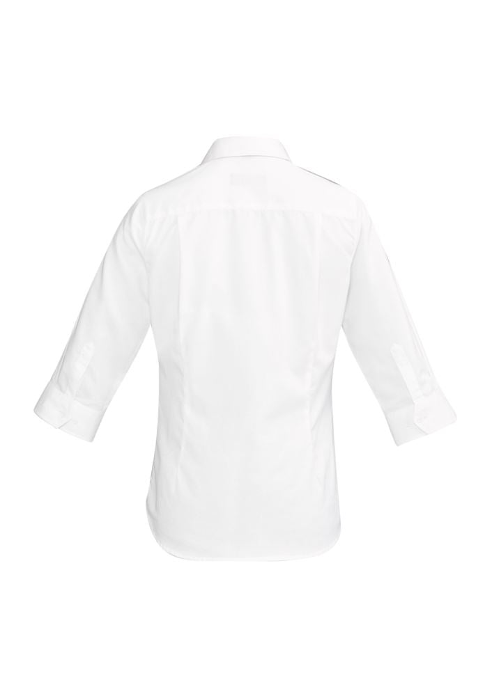 Hudson Ladies 3/4 Sleeve Shirt in White, crafted from 100% cotton, featuring a semi-fitted design and chic open neck.