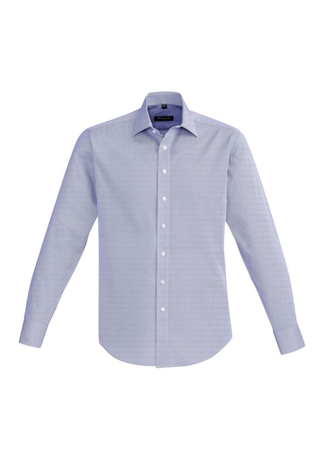 Hudson Men's Long Sleeve Shirt in Patriot Blue, featuring 100% cotton, executive-fit, and stylish contrast details.