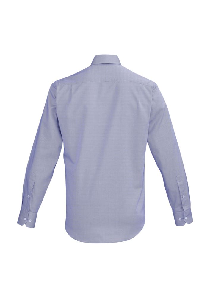 Hudson Men's Long Sleeve Shirt in Patriot Blue, Medium size, featuring 100% cotton, executive-fit, and stylish details for versatile wear.