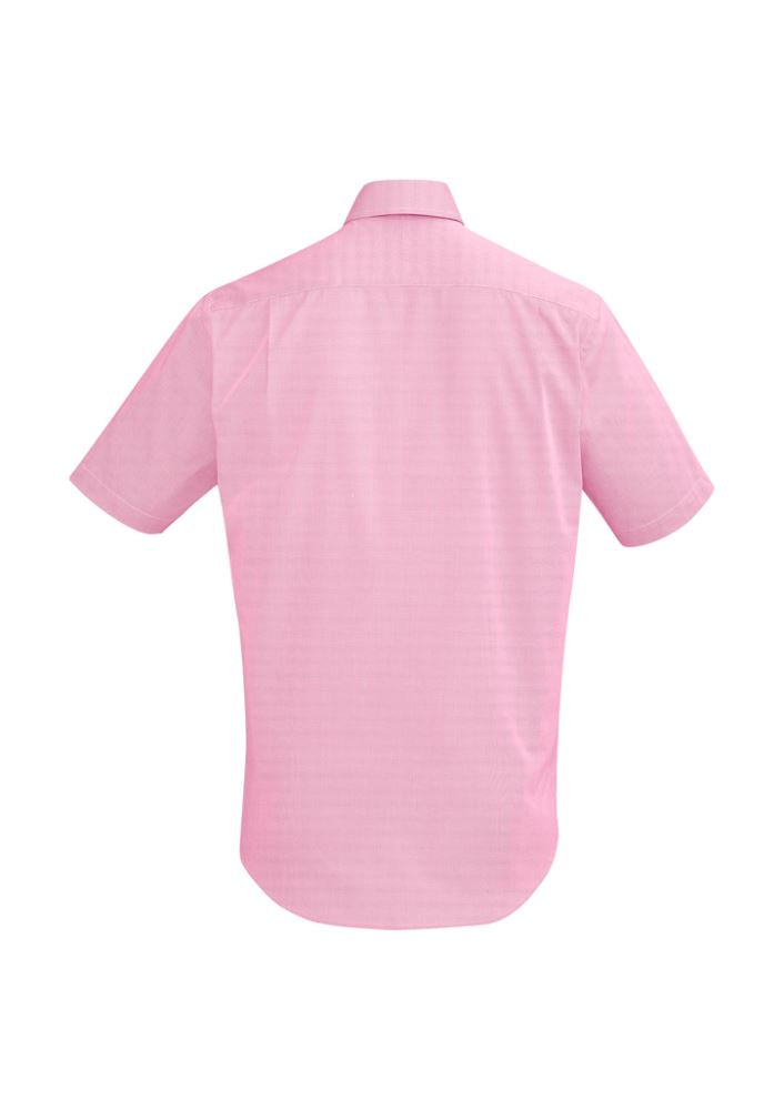 Men's short sleeve shirt in vibrant melon color, made from breathable cotton, with executive fit and textured dobby fabric.