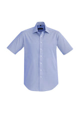 Hudson Men's Short Sleeve Shirt in Patriot Blue, size 5XL, featuring premium cotton, elegant dobby texture, and versatile style.