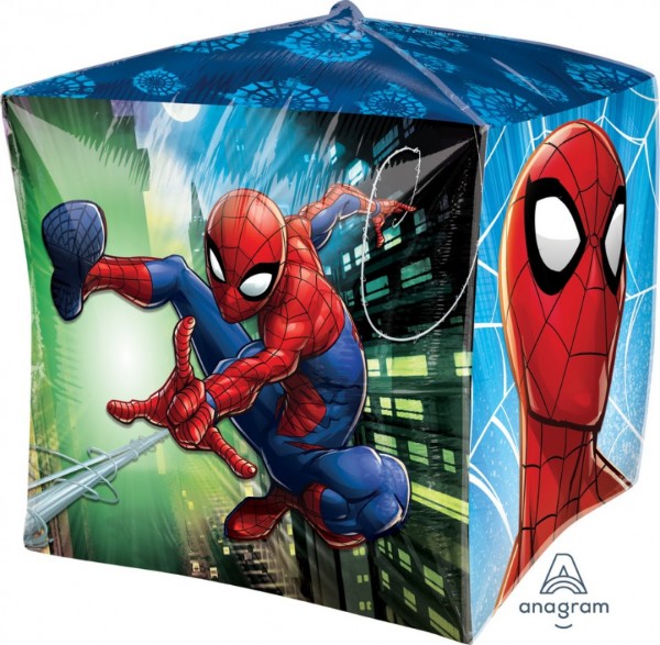 Vibrant Spider-Man cube-shaped foil balloon, 38cm, perfect for superhero-themed parties and celebrations.
