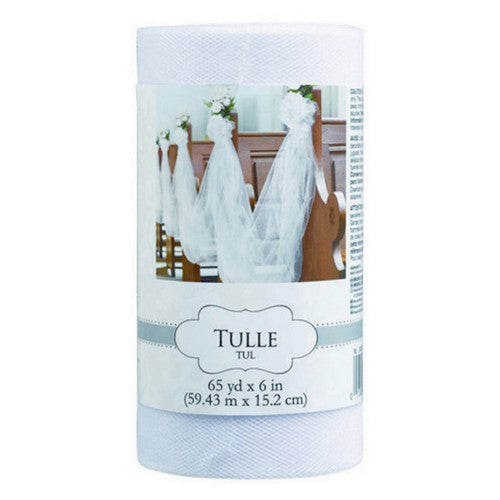 White tulle spool measuring 6" x 65 yards, ideal for elegant crafting projects, decorations, and DIY accents.