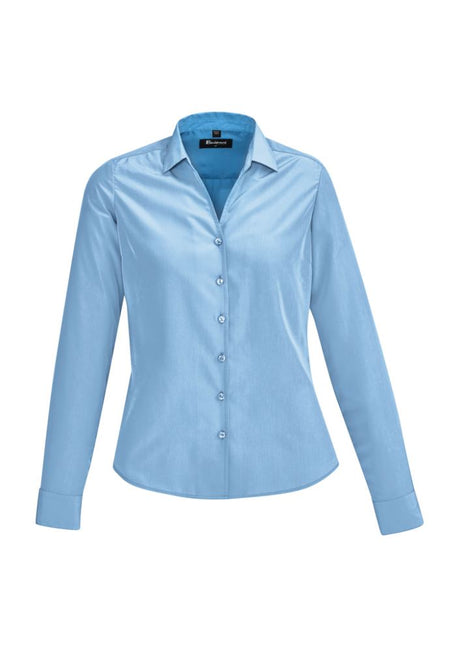 Alaskan Blue long sleeve shirt for women, featuring soft polyester, semi-fitted design, and pleat details for comfort.