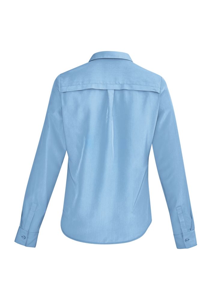 Alaskan Blue long sleeve ladies shirt with a semi-fitted design, 100% soft polyester, featuring comfort pleats and stylish versatility.