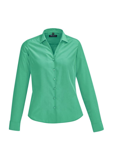 Solanda Ladies Long Sleeve Shirt in Dynasty Green, size 26, showcasing a semi-fitted design and stylish pleat details.