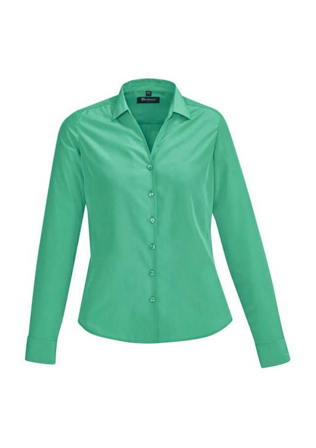 "Solanda Dynasty Green long sleeve shirt for women, featuring a soft touch fabric and stylish semi-fitted design."