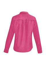 Solanda Ladies Long Sleeve Shirt in Melon, featuring soft polyester, semi-fitted design, and back pleat for style and comfort.