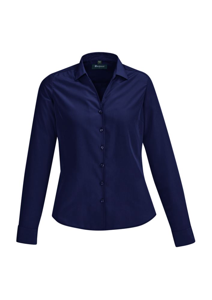 Patriot Blue long sleeve shirt for women, featuring a semi-fitted design, open neck, and soft touch polyester for comfort.