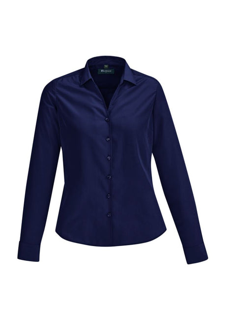 Patriot Blue long sleeve shirt for women, featuring a semi-fitted design, open neck, and soft touch polyester for comfort.