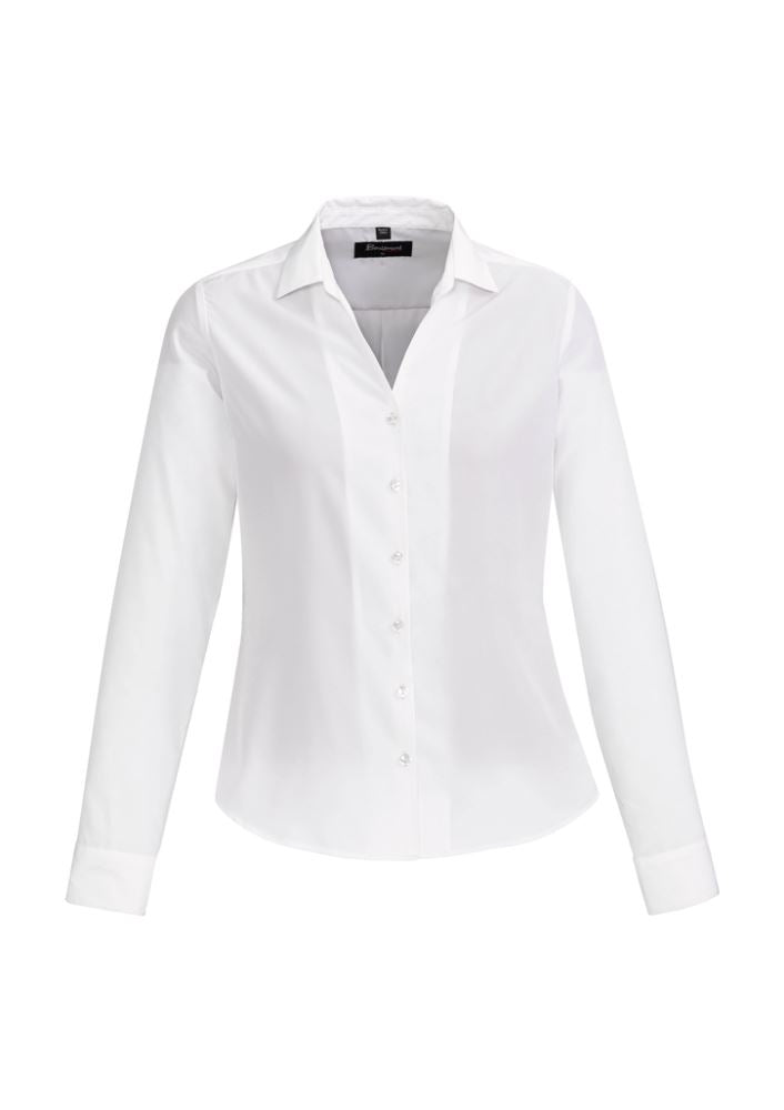 Solanda Ladies White Long Sleeve Shirt, semi-fitted with back pleats, ideal for versatile casual and office wear.